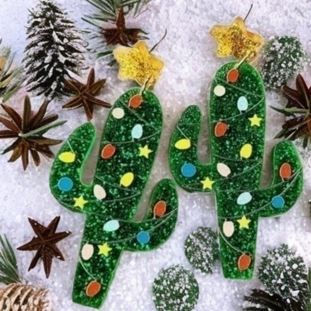UNIQUE VINTAGE ACRYLIC GLITTER CHRISTMAS CACTUS EARRINGS